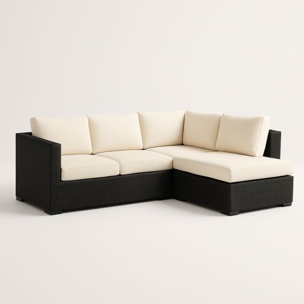 Divano ad Angolo in Rattan Sintetico Nero con Cuscini in Poliestere Crema-Nestlivi