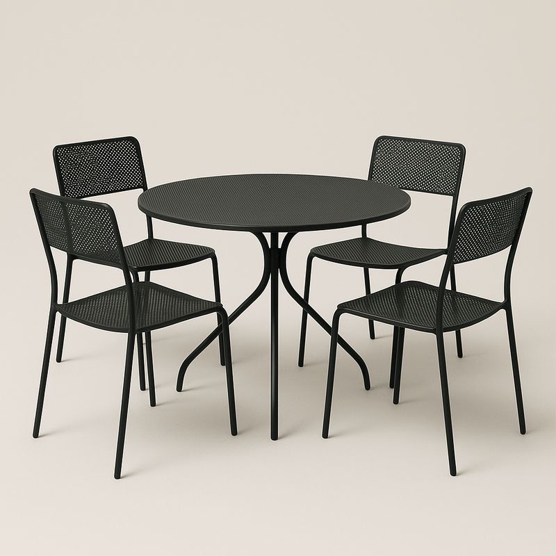 Set tavolo rotondo e sedie in metallo verniciato nero per esterni-Nestlivi