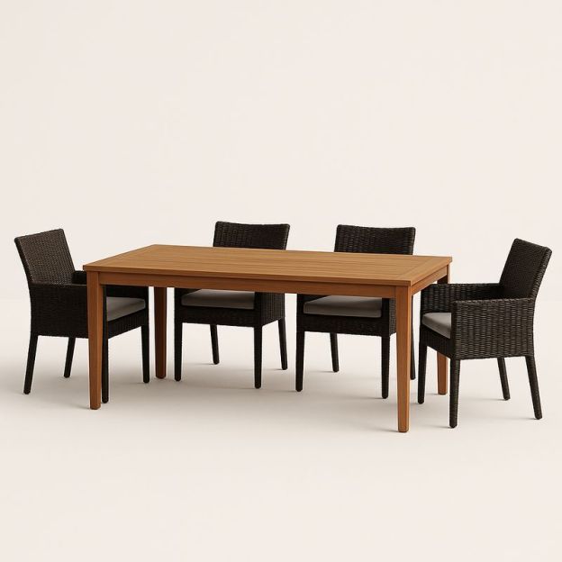 Set da Pranzo per Esterni in Legno con Sedie in Rattan-Nestlivi