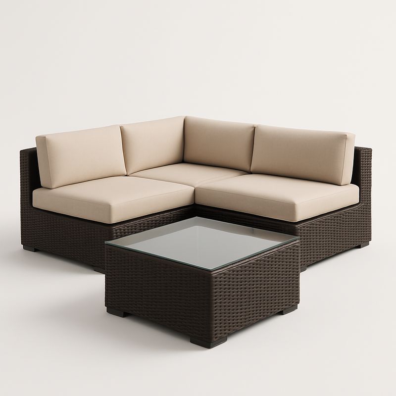 Set Divano Angolare da Giardino in Polyrattan con Cuscini Beige e Tavolino in Vetro Temperato-Nestlivi