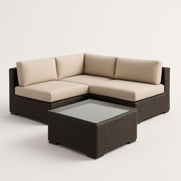 Set Divano Angolare da Giardino in Polyrattan con Cuscini Beige e Tavolino in Vetro Temperato-Nestlivi