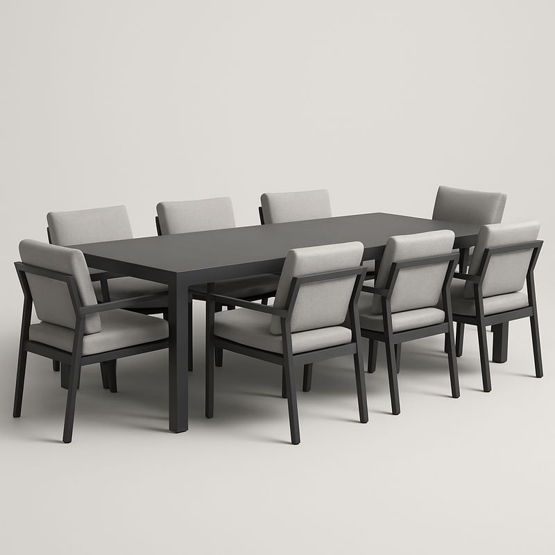 Set tavolo rettangolare in alluminio con 8 sedie imbottite grigie-Nestlivi