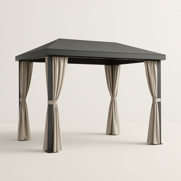 Gazebo in alluminio antracite con tende beige 300x300 cm-Nestlivi