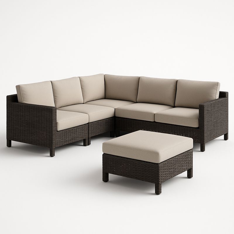 Divano angolare da esterno in rattan con cuscini in poliestere beige-Nestlivi