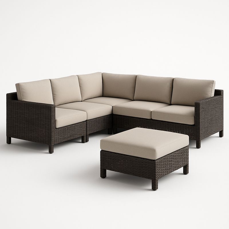 Divano angolare da esterno in rattan con cuscini in poliestere beige-Nestlivi