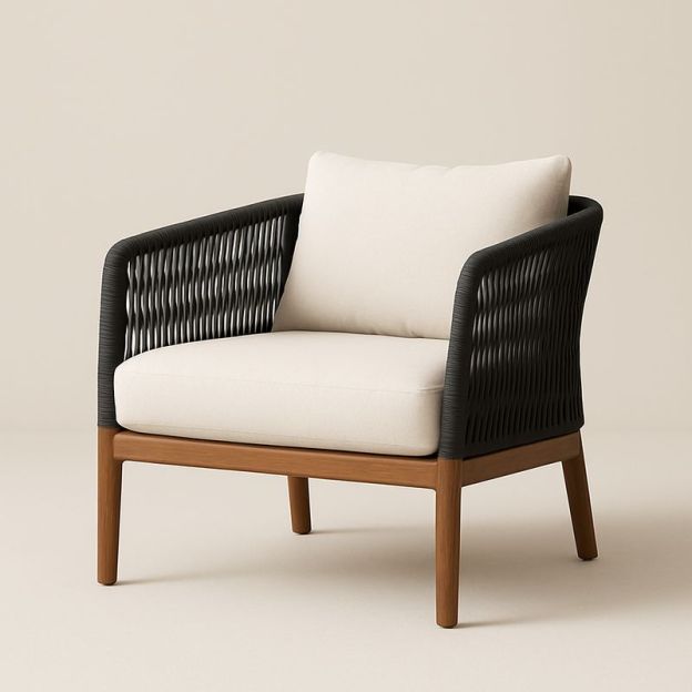 Poltrona in Legno e Rattan Nero con Cuscini in Tessuto Bianco-Nestlivi