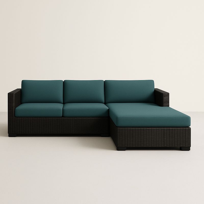 Divano angolare modulare in rattan sintetico marrone con cuscini in tessuto poliestere verde 260x160x75 cm-Nestlivi