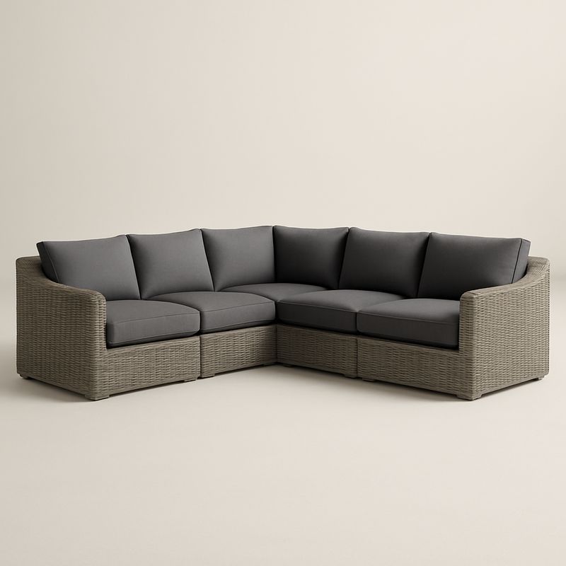 Divano angolare modulare in rattan sintetico con cuscini in poliestere grigio/antracite-Nestlivi