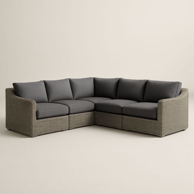 Divano angolare modulare in rattan sintetico con cuscini in poliestere grigio/antracite-Nestlivi