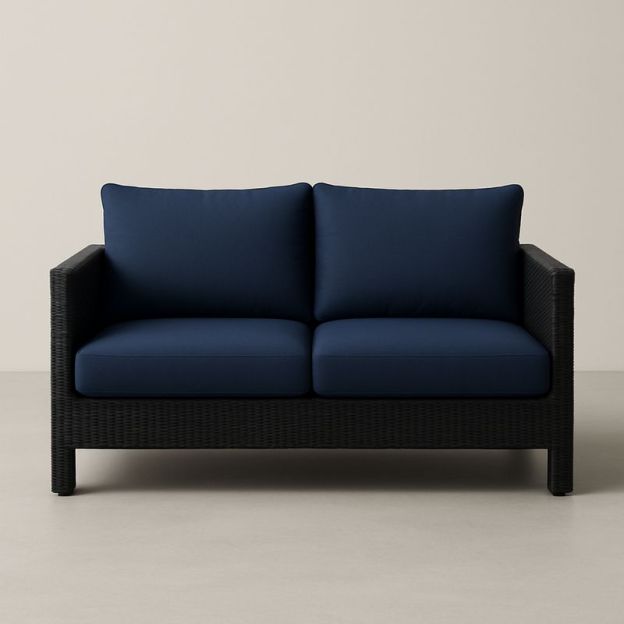 Divano a Due Posti in Rattan con Cuscini Blu-Nestlivi