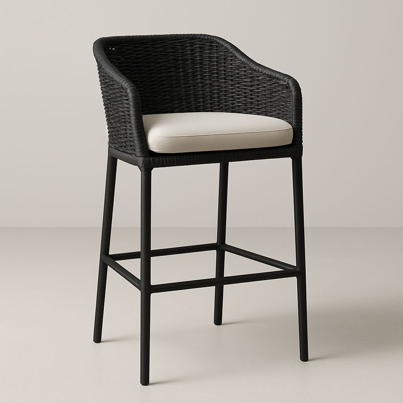 Sgabello da Bar in Rattan Sintetico Nero con Cuscino in Poliestere Beige-Nestlivi