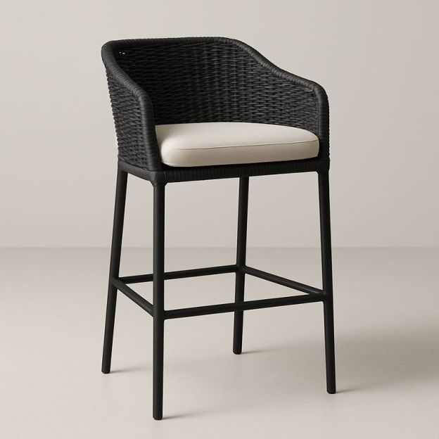 Sgabello da Bar in Rattan Sintetico Nero con Cuscino in Poliestere Beige-Nestlivi