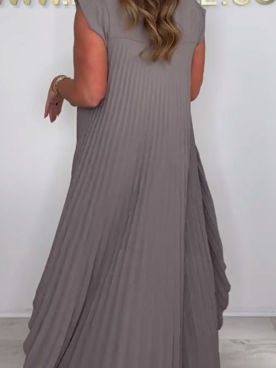 Round neck solid color sleeveless pleated two-piece suit