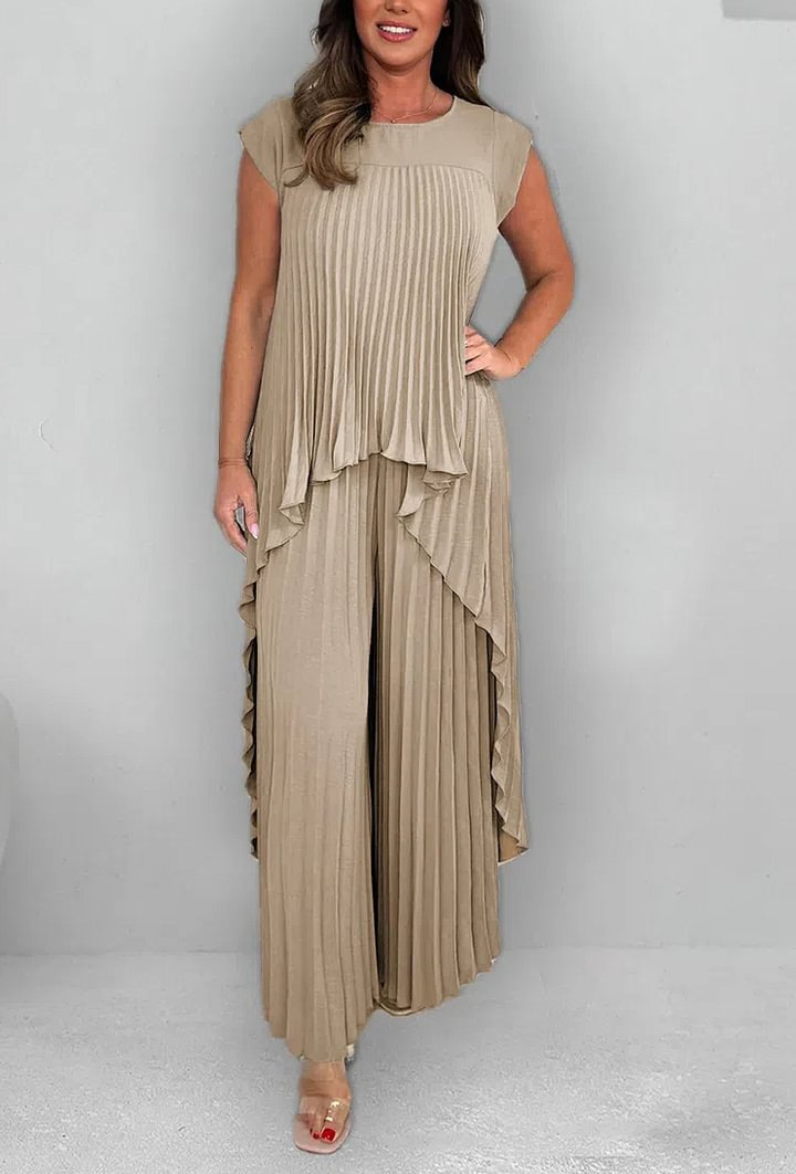 Round neck solid color sleeveless pleated two-piece suit