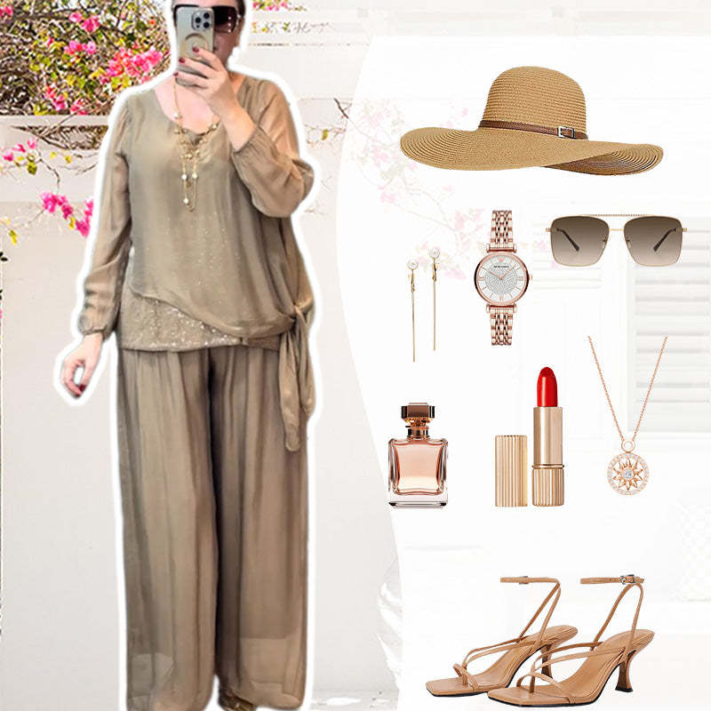 Women's 2-piece sequin blouse and wide-leg pants set