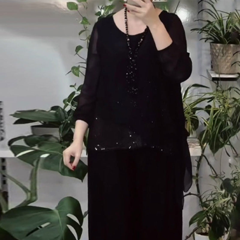 Women's 2-piece sequin blouse and wide-leg pants set