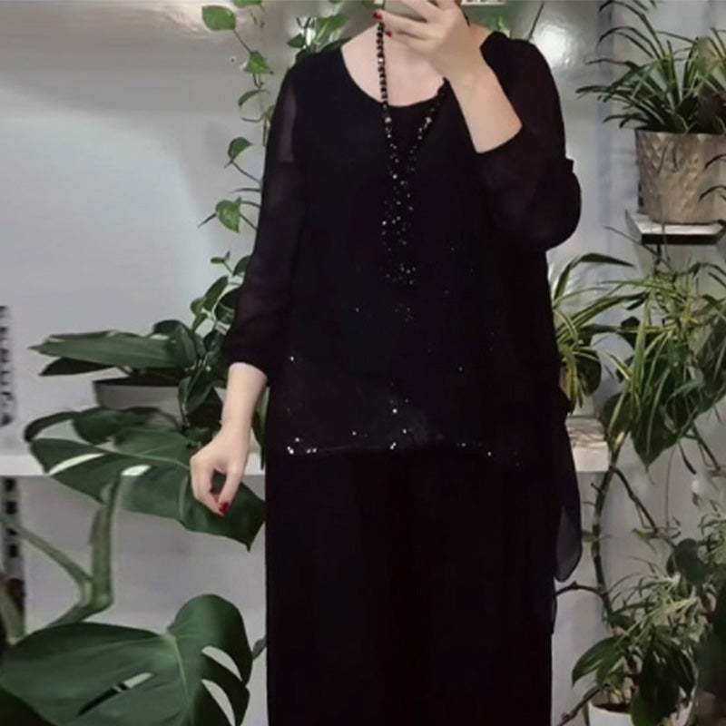 Women's 2-piece sequin blouse and wide-leg pants set