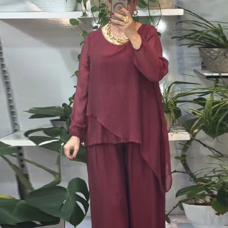 Women's 2-piece sequin blouse and wide-leg pants set