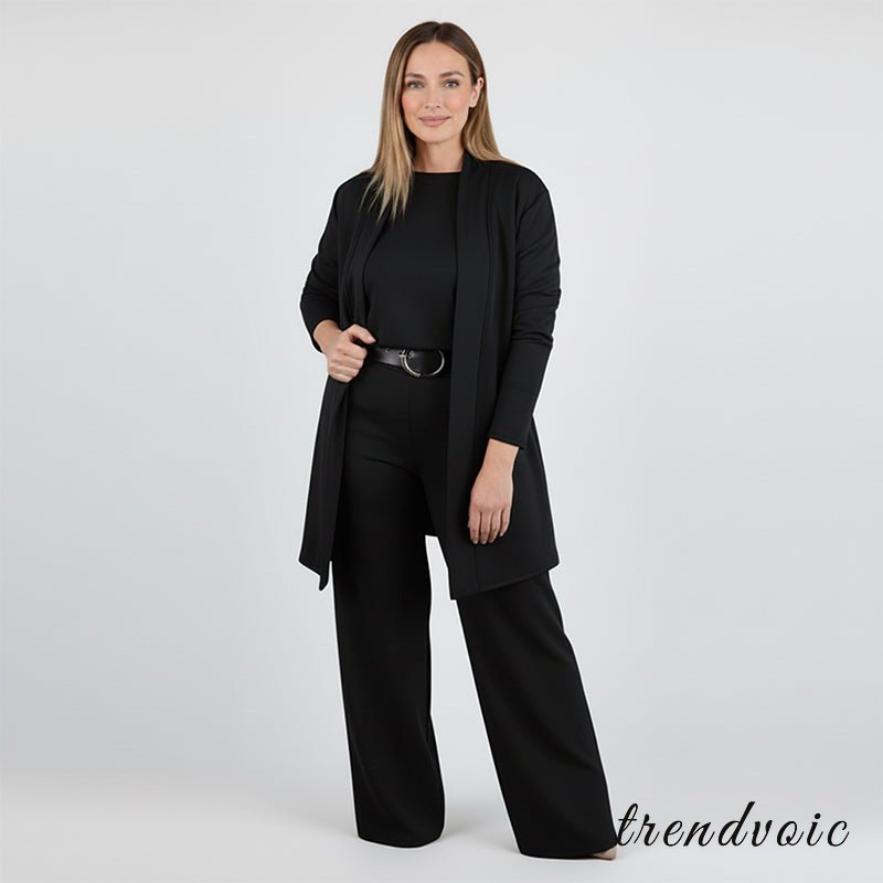Elegant 3-piece set including long cardigan, top and pants