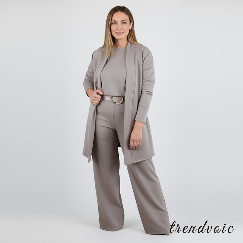 Elegant 3-piece set including long cardigan, top and pants
