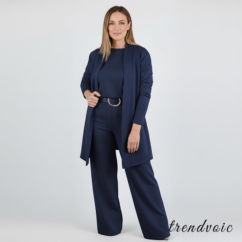 Elegant 3-piece set including long cardigan, top and pants