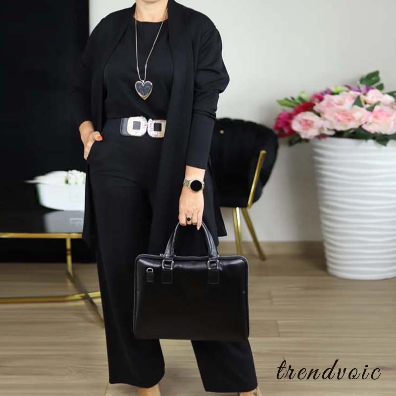 Elegant 3-piece set including long cardigan, top and pants