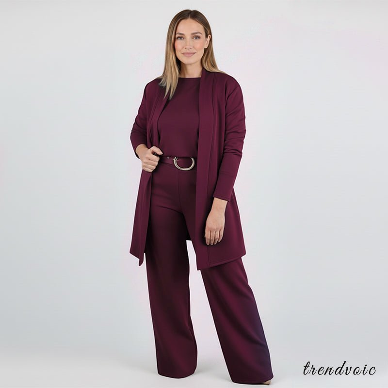 Elegant 3-piece set including long cardigan, top and pants