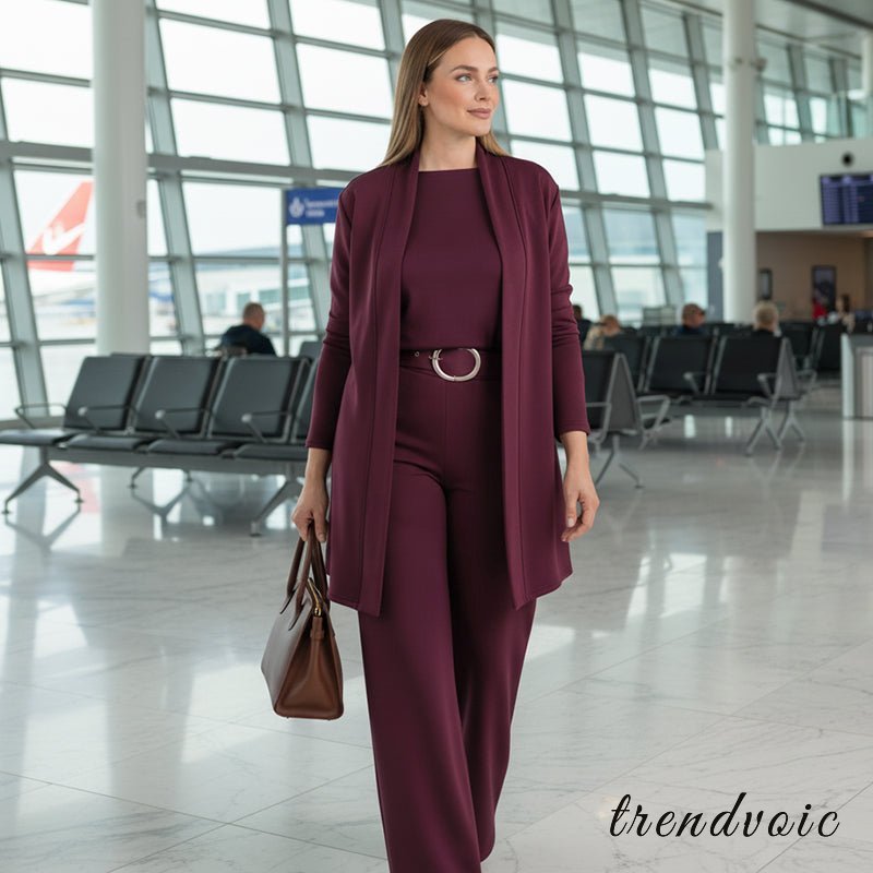 Elegant 3-piece set including long cardigan, top and pants