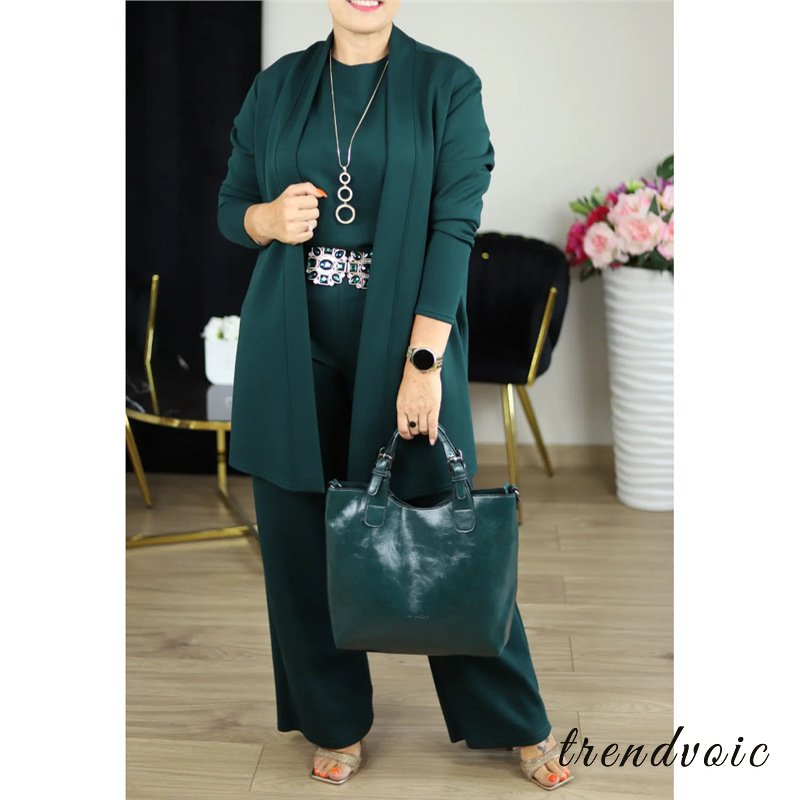 Elegant 3-piece set including long cardigan, top and pants