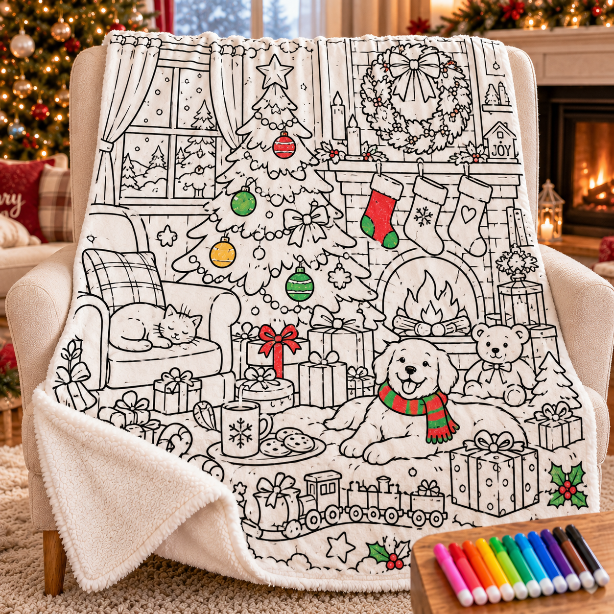 Color Your Christmas – Sherpa Coloring Blanket Set with 12 Markers