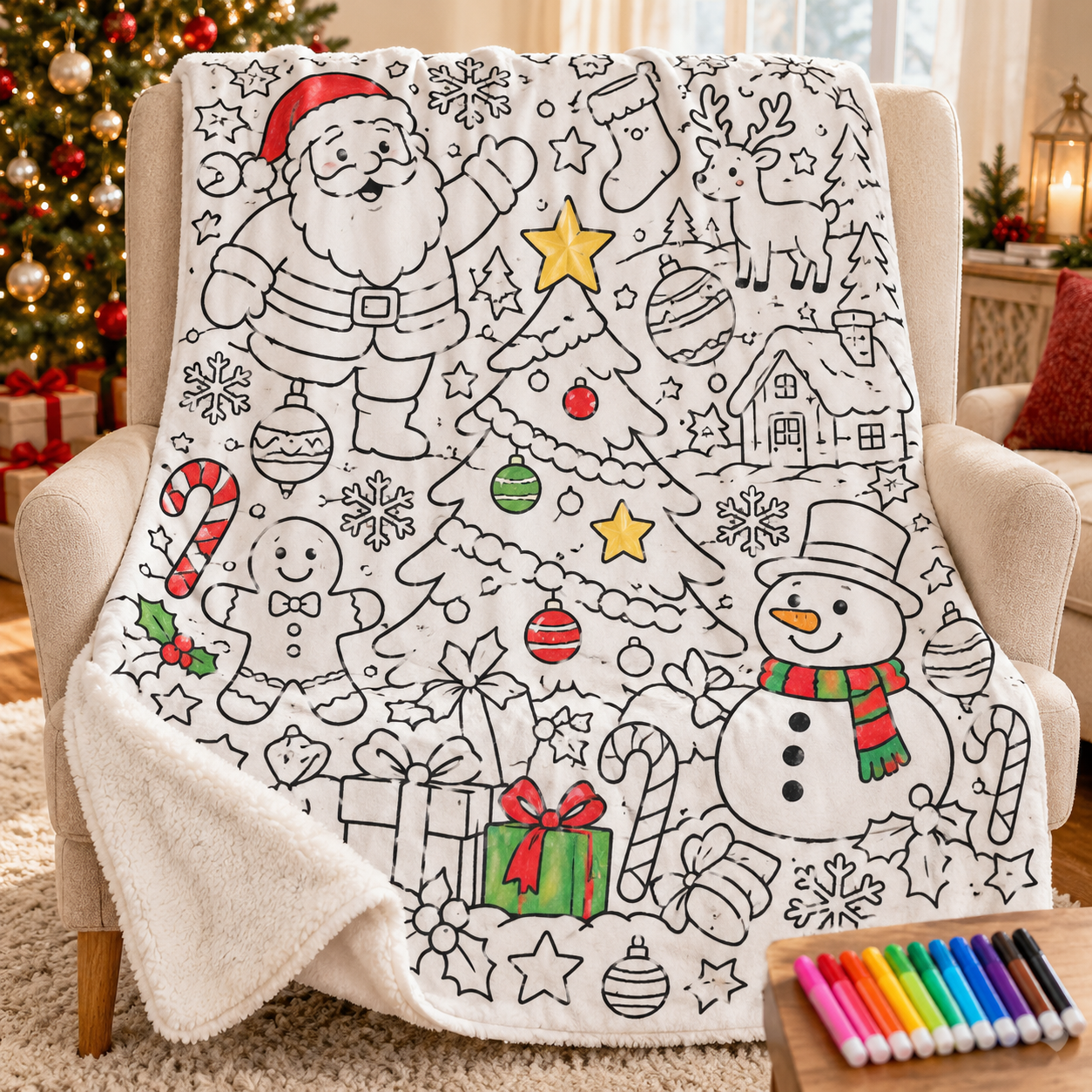 Color Your Christmas – Sherpa Coloring Blanket Set with 12 Markers