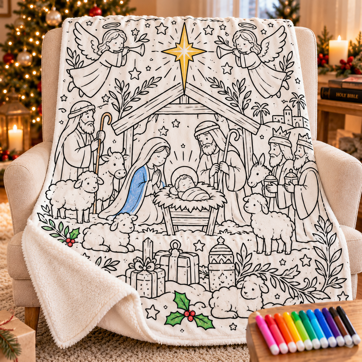 Color Your Christmas – Sherpa Coloring Blanket Set with 12 Markers