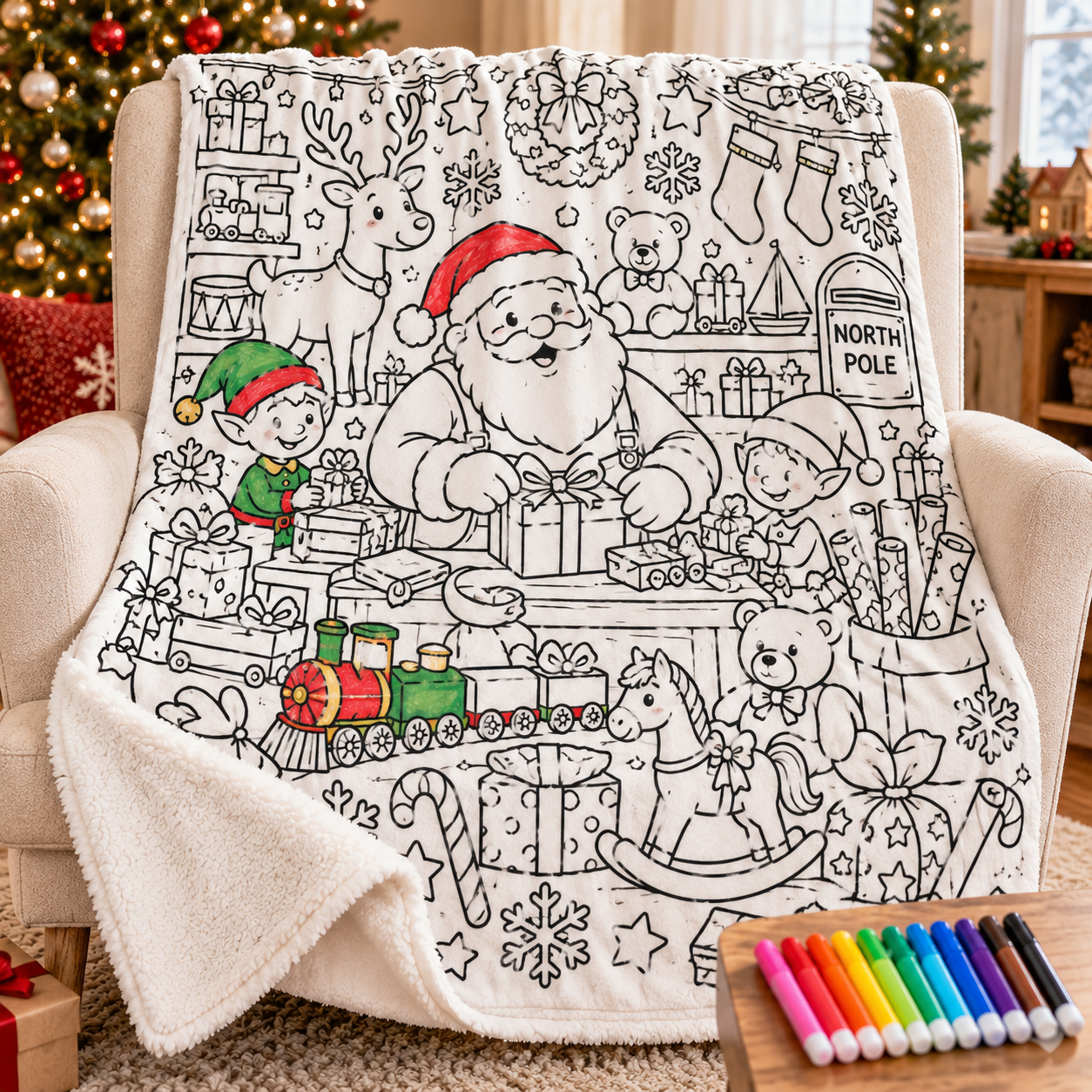 Color Your Christmas – Sherpa Coloring Blanket Set with 12 Markers