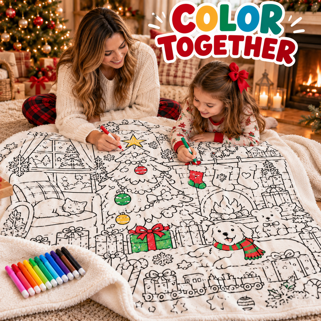 Family coloring a Christmas blanket together