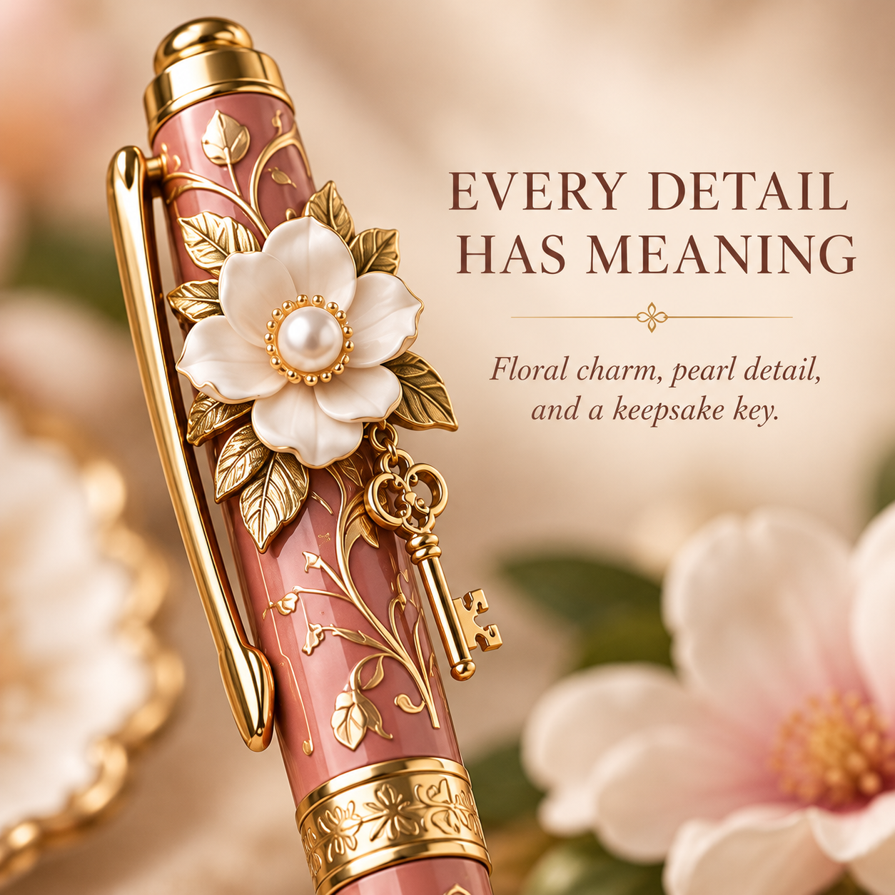 Magnolia flower and golden key pen details