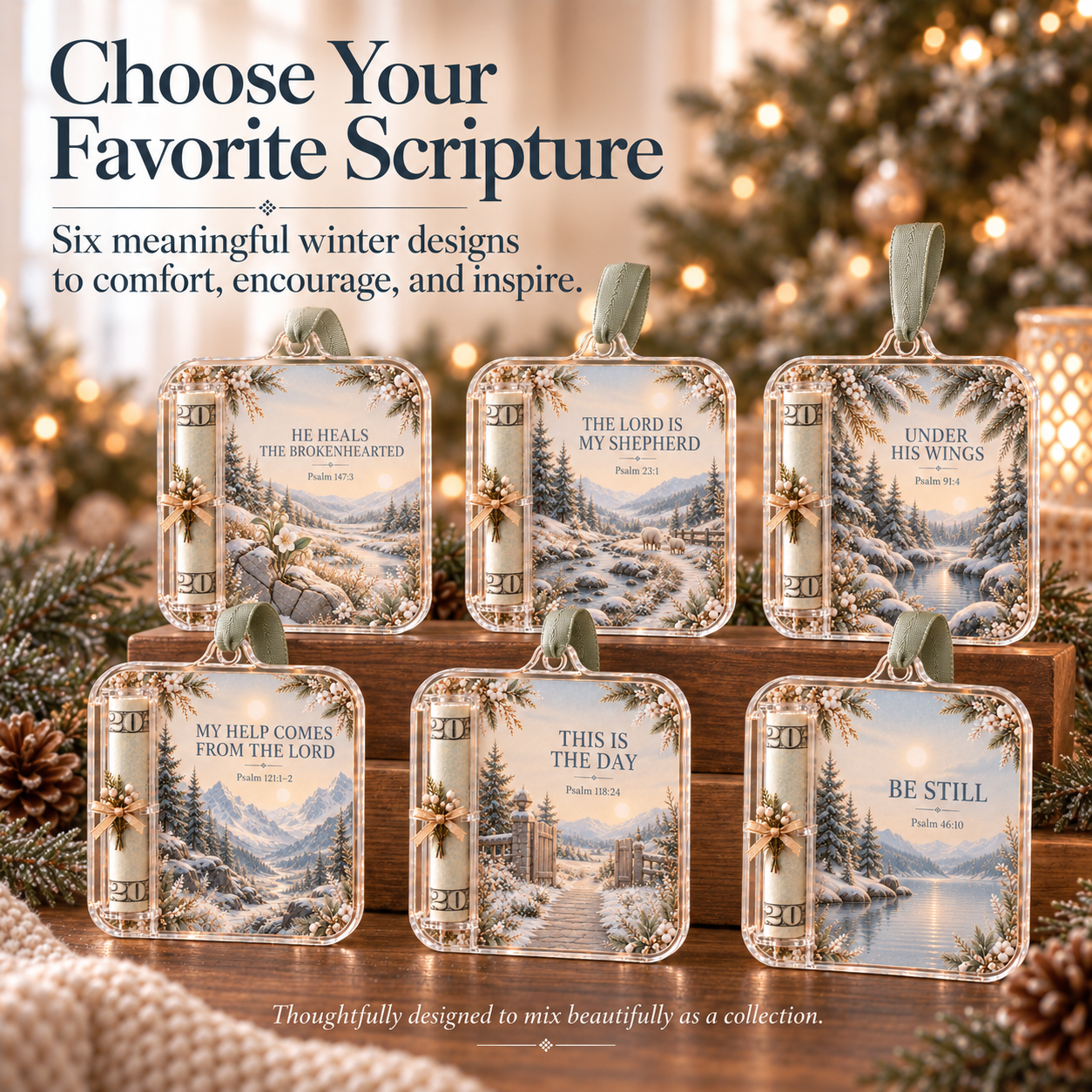 Six Psalms of Comfort and Strength Scripture Cash Gift Ornament designs