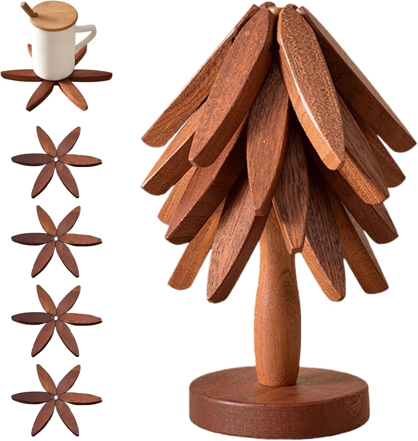 🎁Christmas Early Discount 49% Off✨Natural Tree Trivet Set - 4 Wooden Trivets & 1 Stand Like a Christmas Tree