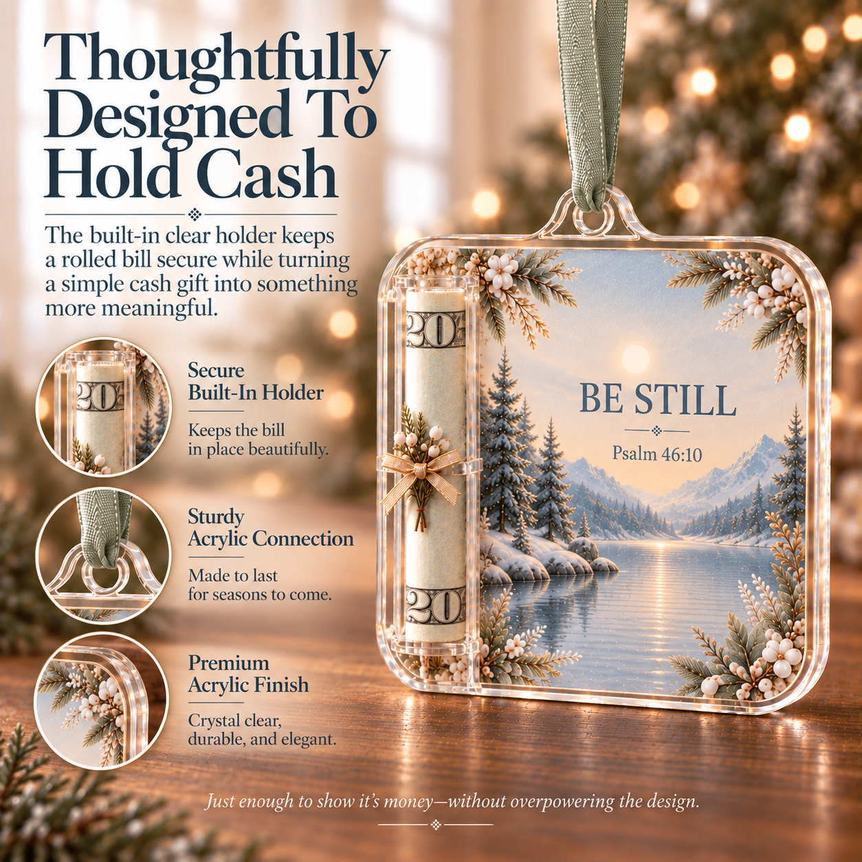 Built-in clear cash holder and premium acrylic construction