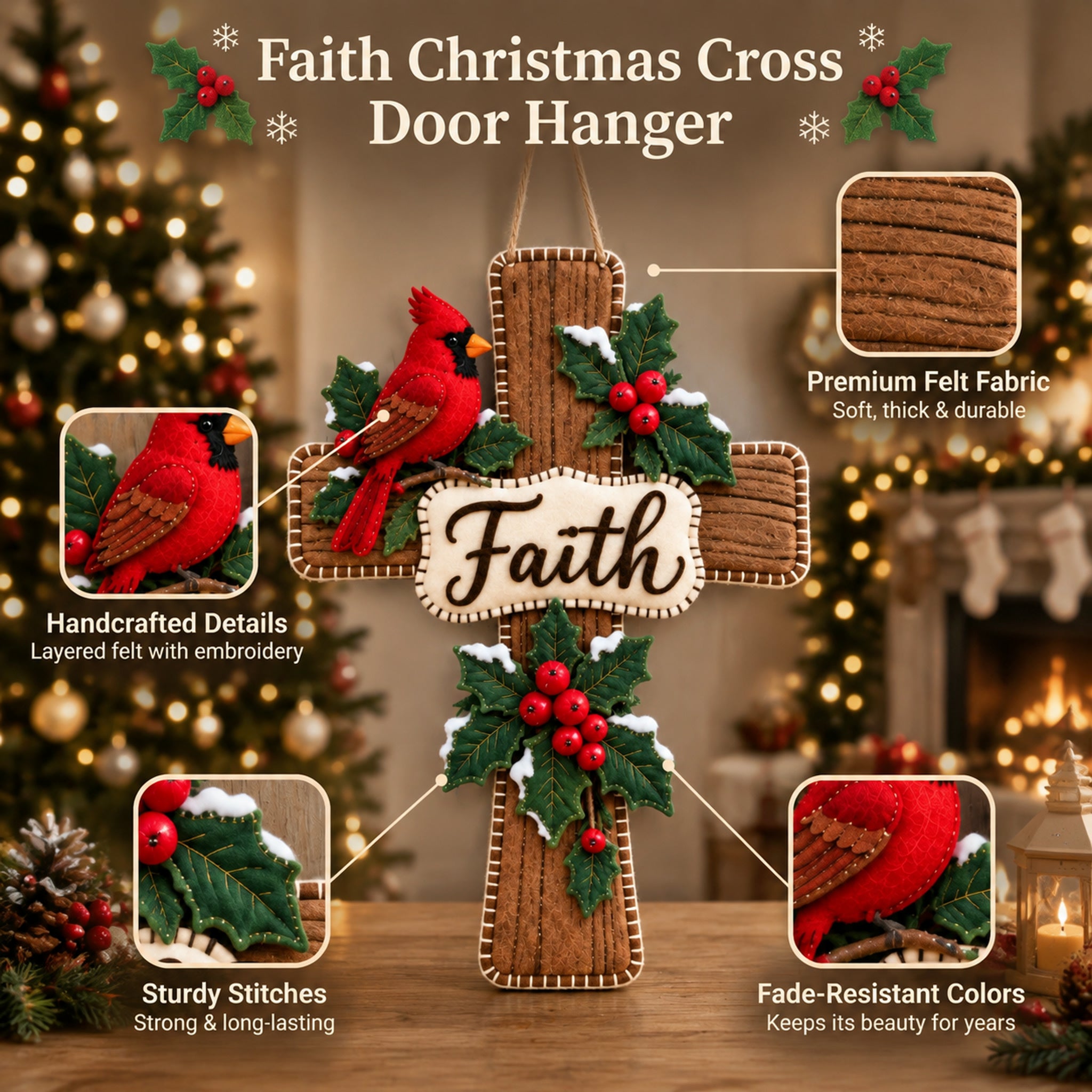 ✝️ Faith & Christmas Blessings – Cardinal Wooden Cross Door Hanger