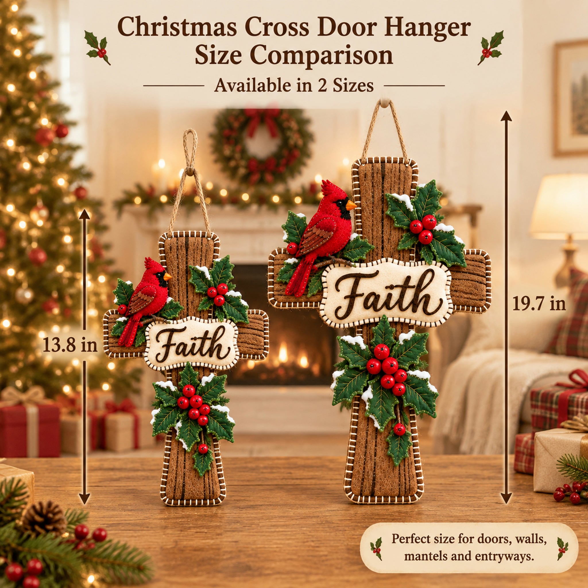  ✝️ Faith & Christmas Blessings – Cardinal Wooden Cross Door Hanger