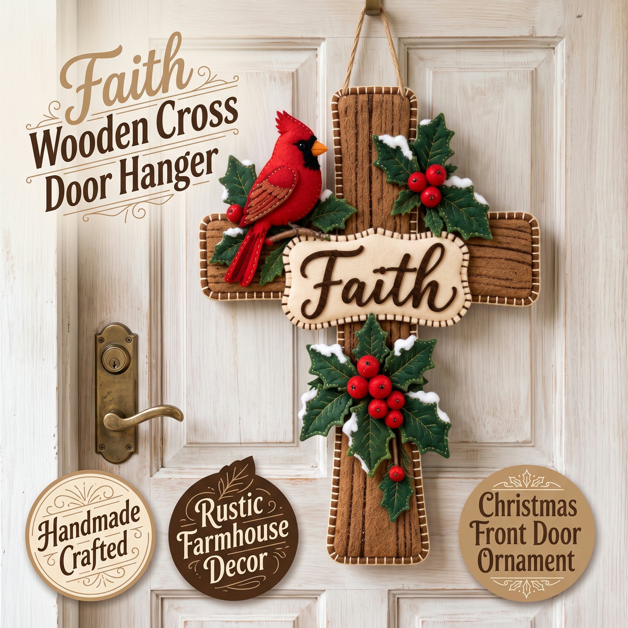  ✝️ Faith & Christmas Blessings – Cardinal Wooden Cross Door Hanger