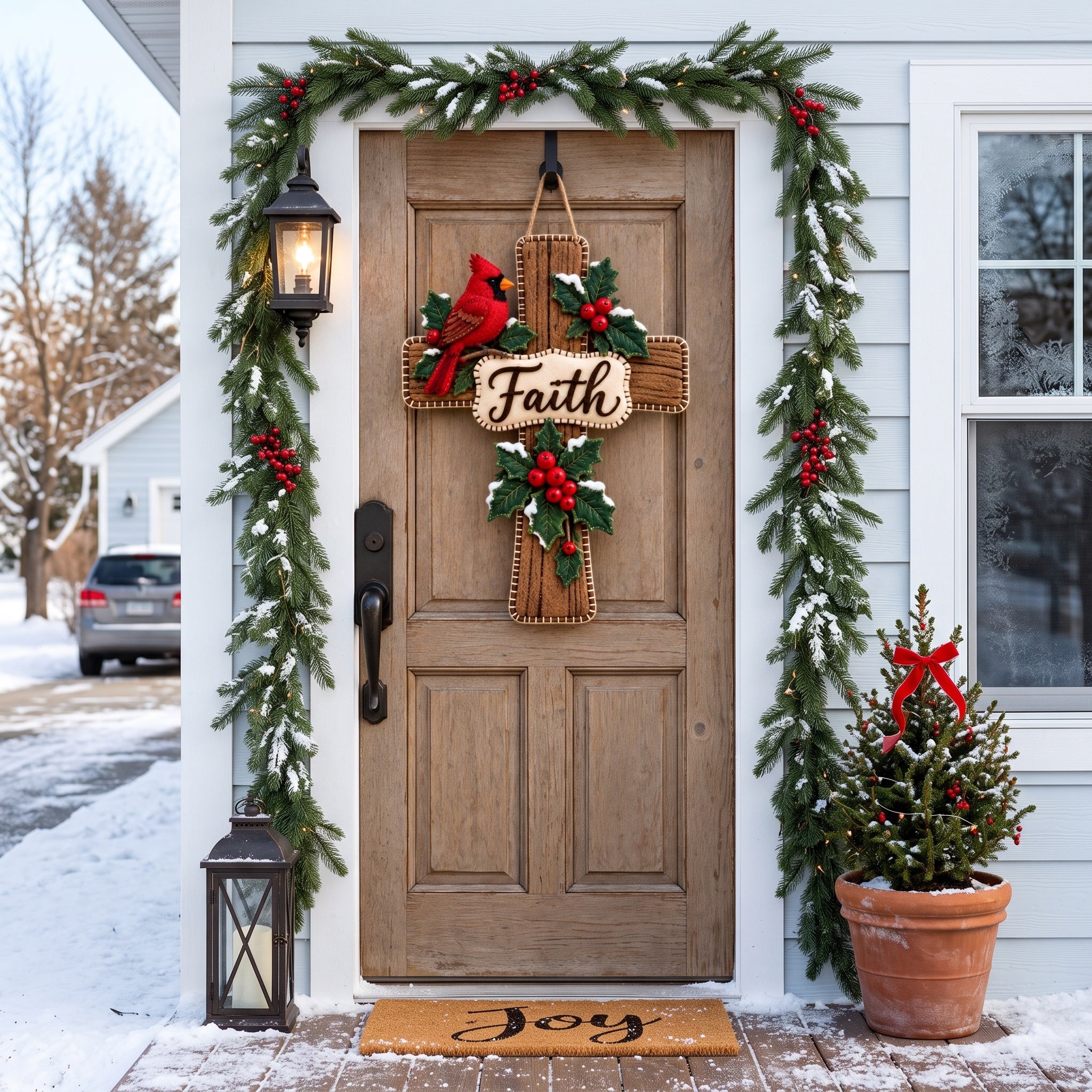  ✝️ Faith & Christmas Blessings – Cardinal Wooden Cross Door Hanger