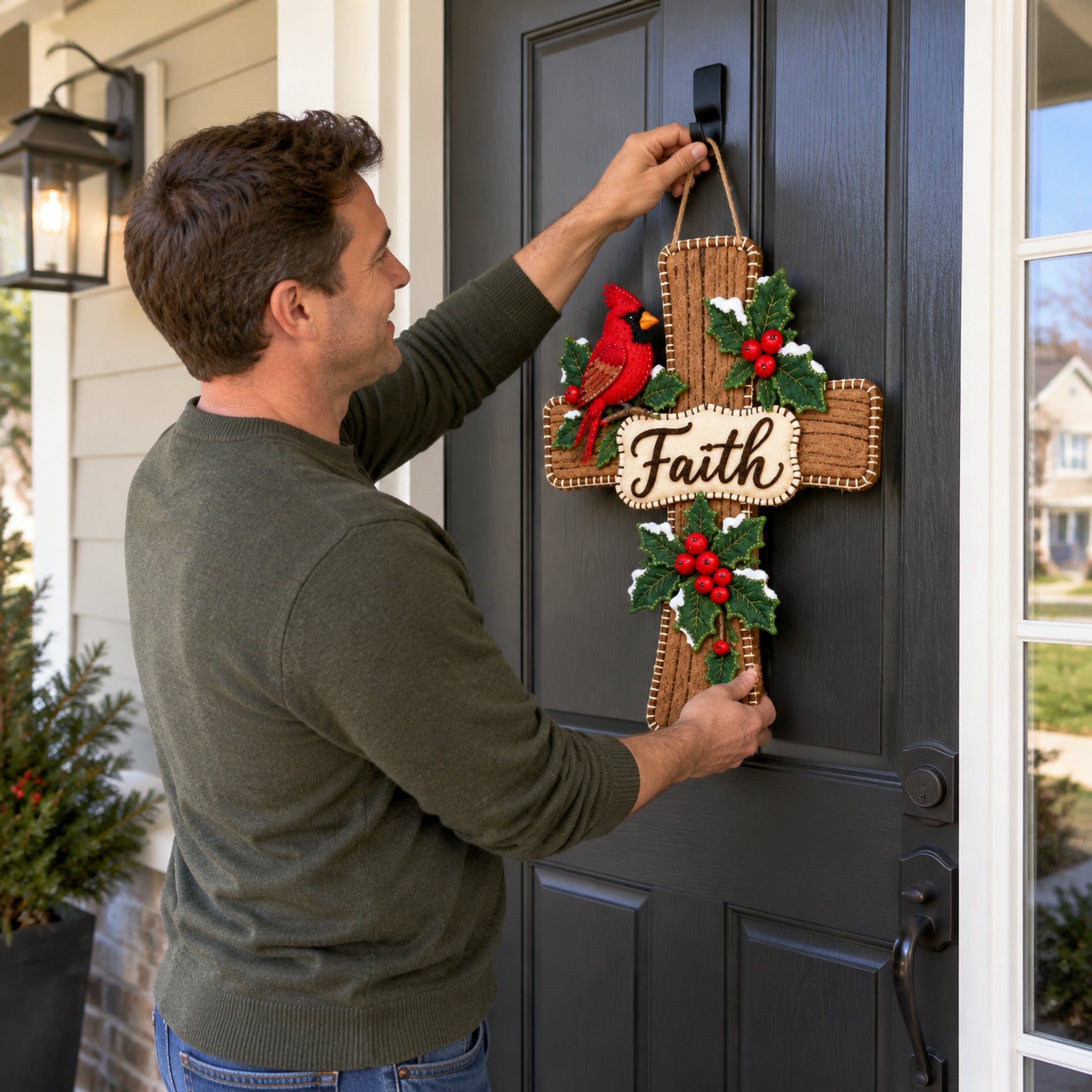  ✝️ Faith & Christmas Blessings – Cardinal Wooden Cross Door Hanger