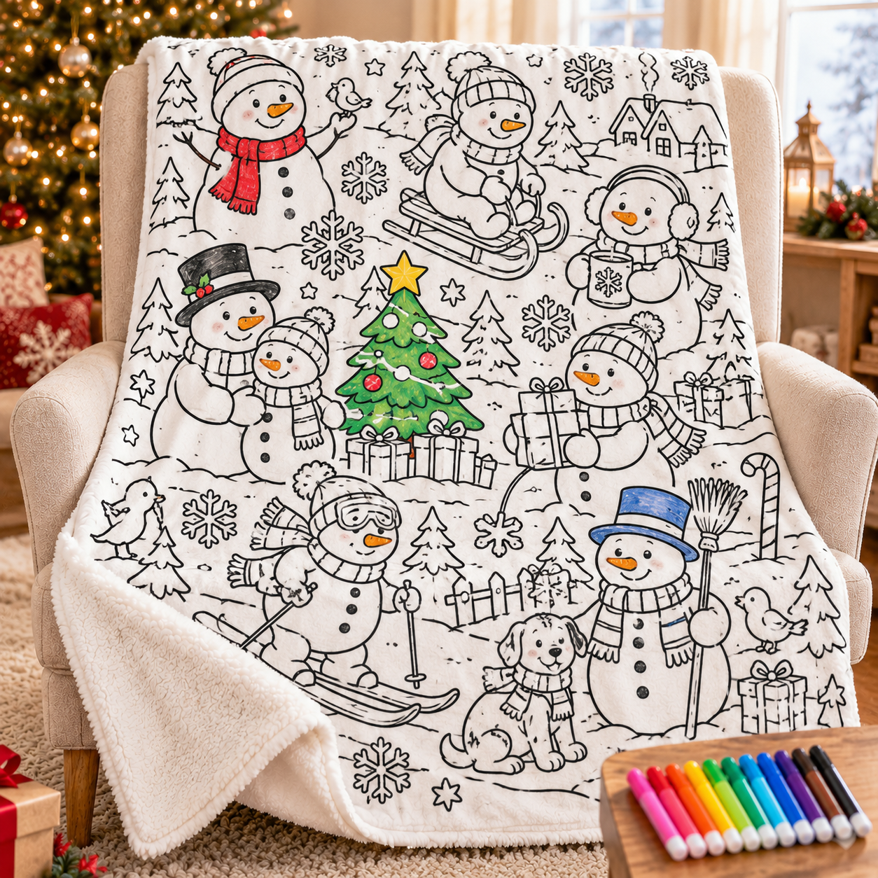 Color Your Christmas – Sherpa Coloring Blanket Set with 12 Markers