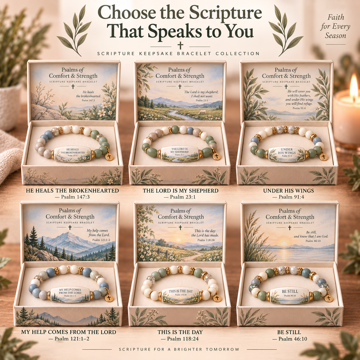 Six Psalms of Comfort and Strength Scripture Keepsake Bracelet designs