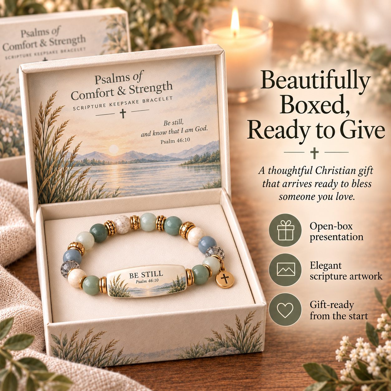 BE STILL Scripture Keepsake Bracelet presented in an open gift box