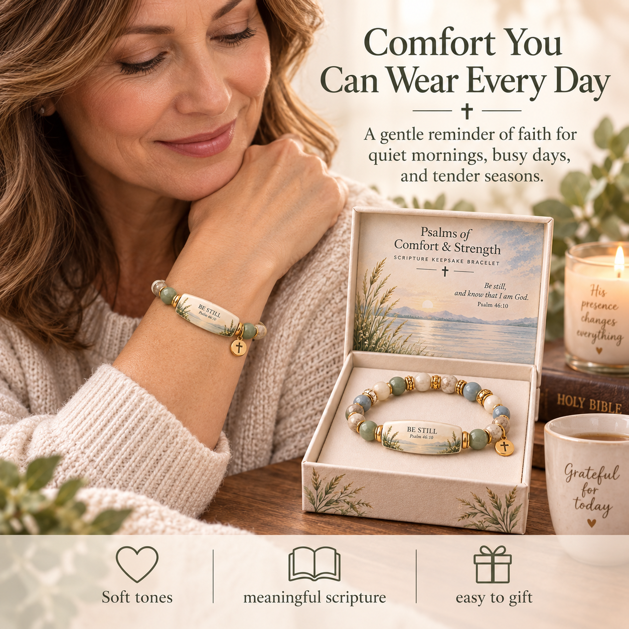 Woman wearing a BE STILL Scripture Keepsake Bracelet