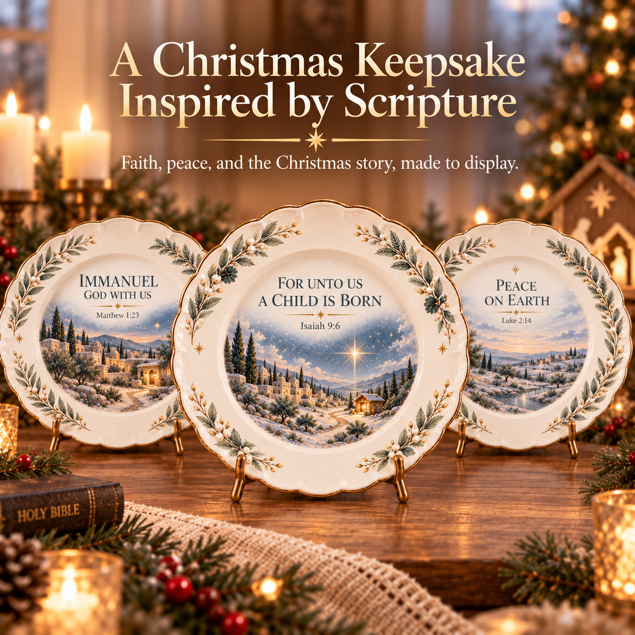 Christmas Scripture Keepsake Plate Collection displayed in a warm Christmas home