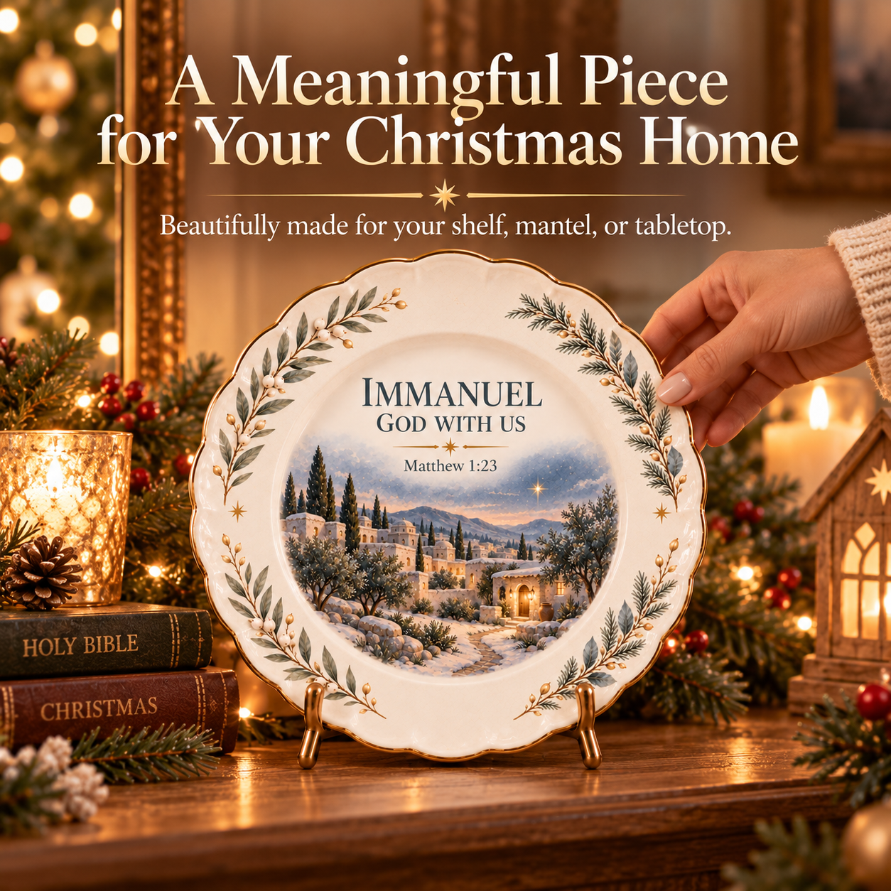 Immanuel God With Us Christmas Scripture plate being placed in a holiday home