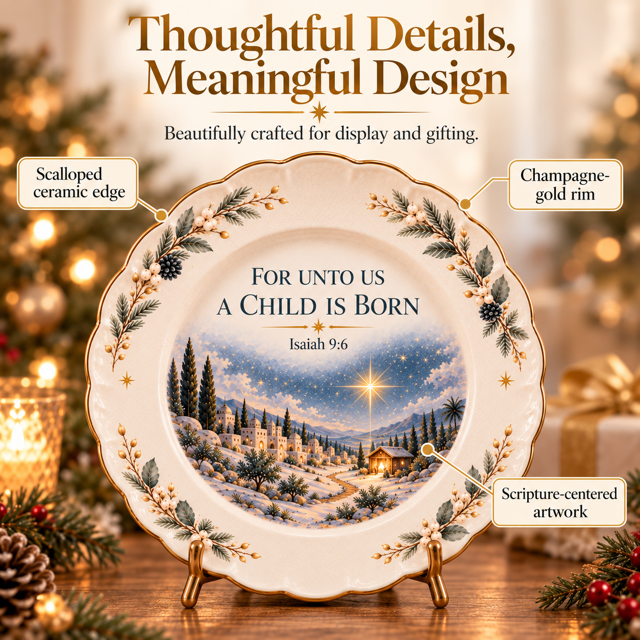 Close-up details of Christmas Scripture Keepsake Plate with scalloped edge and gold-tone rim